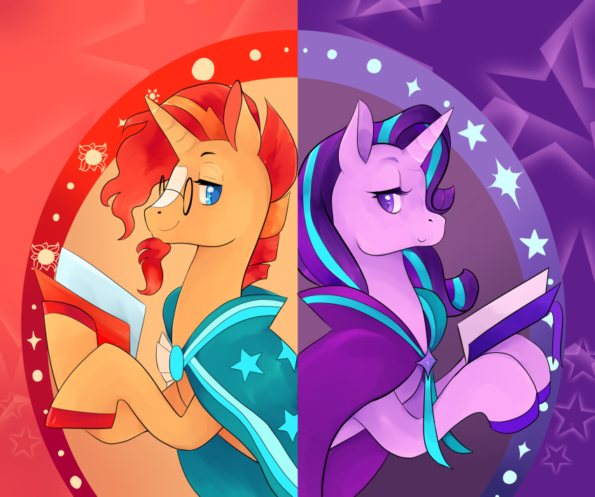 absurd_res book bust_portrait cape clothing duo equid equine eye_contact eyewear female feral friendship_is_magic glasses hi_res horn looking_at_another looking_back male mammal my_little_pony portrait reallycoykoifish smile star starlight_glimmer_(mlp) sun sunburst_(mlp) unicorn