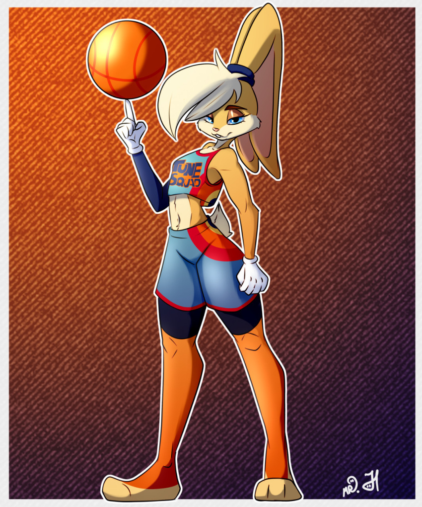 3_toes 5_fingers acuwacu anthro basketball blonde_hair blue_eyes breasts clothed clothing feet female fingers fur gloves hair half-closed_eyes handwear hi_res lagomorph leporid lola_bunny looking_at_viewer looney_tunes mammal narrowed_eyes rabbit small_breasts smile solo space_jam standing teeth thick_thighs toes warner_brothers wide_hips