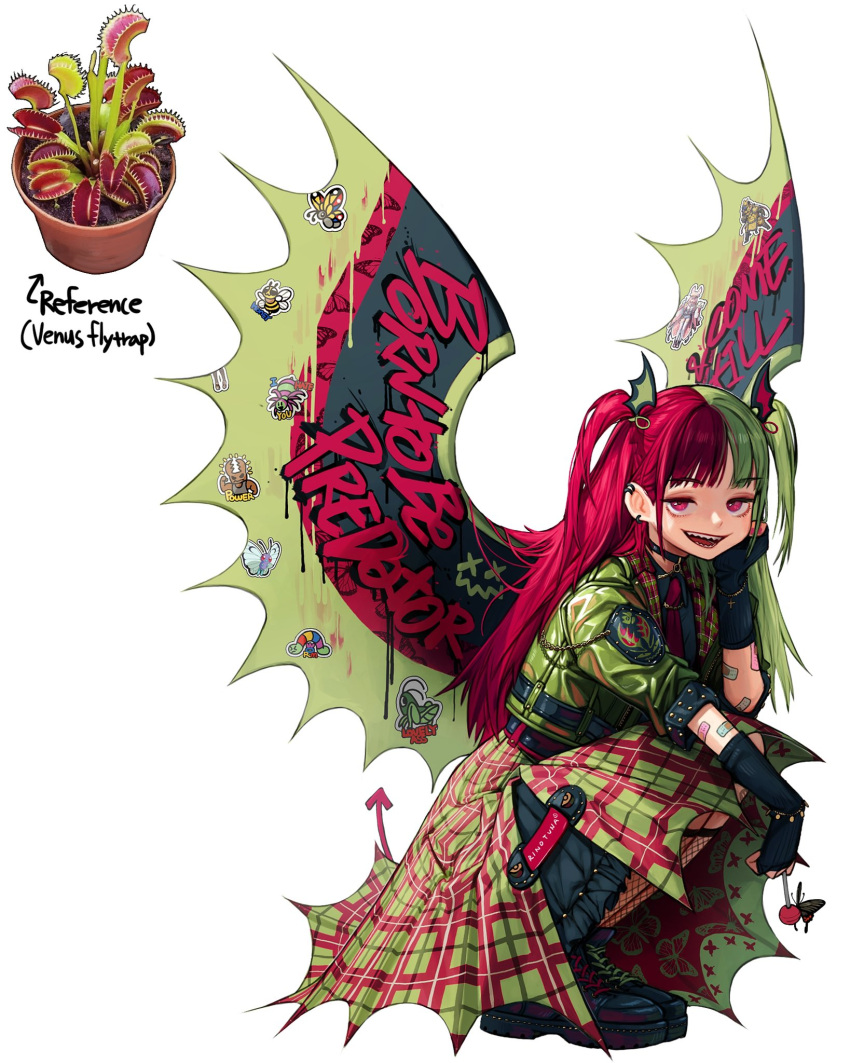 1girl bandaid bangs black_footwear black_gloves choker demon_tail earrings gloves graffiti green_hair hand_up highres jewelry looking_at_viewer multicolored_hair open_mouth original pink_eyes plaid plant red_hair rinotuna shoes simple_background smile solo squatting tail two-tone_hair venus_flytrap white_background wings