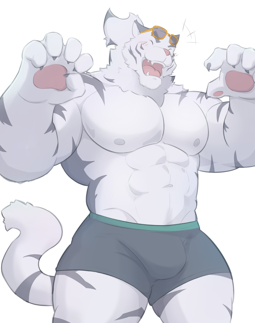 1boy abs absurdres animal_ears bara black_male_swimwear boxers bulge cat_nose claw_pose claws closed_eyes commentary_request dislyte eyewear_on_head facing_viewer fangs furry furry_male highres jin_qiu_(ru_shou)_(dislyte) jin_qiu_(ru_shou)_(wild_python)_(dislyte) korean_commentary malcom508 male_focus male_swimwear male_underwear muscular muscular_male navel nipples open_mouth pawpads pectorals smile sunglasses tail tiger tiger_boy tiger_ears tiger_stripes tiger_tail topless_male underwear white_fur white_hair white_tiger