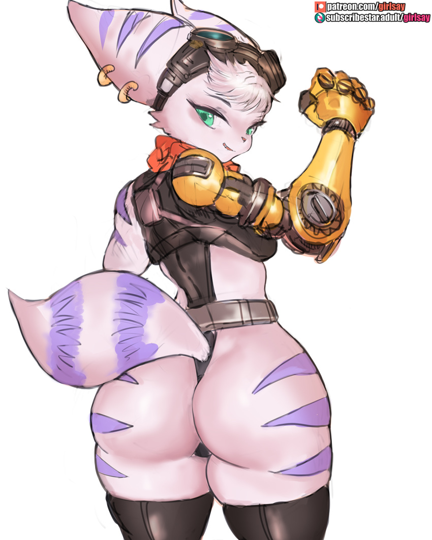 2021 anthro big_butt butt clothing cybernetic_arm cybernetic_limb ear_piercing ear_ring eyewear female fur girlsay goggles goggles_on_head green_eyes hair hi_res legwear lombax looking_at_viewer looking_back mammal piercing prosthetic prosthetic_arm prosthetic_limb ratchet_and_clank rivet_(ratchet_and_clank) scarf solo sony_corporation sony_interactive_entertainment text url video_games
