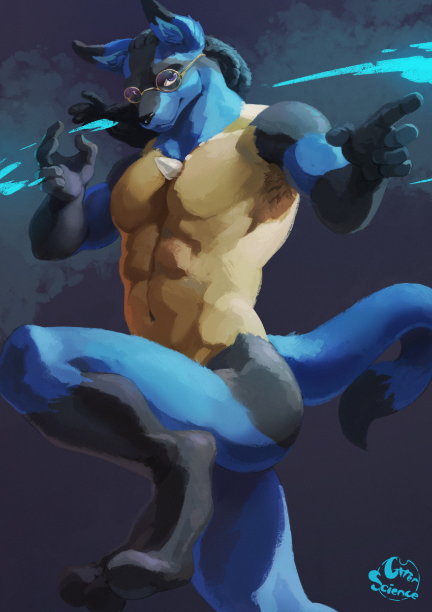 anthro big_feet blue_body blue_fur canid canine canis eyewear feet fighting_pose fur glasses hi_res jackal khemra'khet lucario male mammal multicolored_body multicolored_fur muscular muscular_anthro muscular_male nintendo otterscience pok&eacute;mon pok&eacute;mon_(species) pose solo video_games