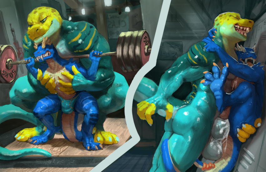 against_wall anal anal_penetration anthro arms_around_neck balls balls_outline barbell biceps big_balls big_dom_small_sub big_penis blue_body blue_scales bodily_fluids bulge clothing collared_lizard crouching cum cum_in_ass cum_inside cum_on_balls cum_on_chest cum_on_penis deltoids duo ejaculation exercise eyes_closed genital_fluids genital_outline genitals green_eyes grin gym hamstrings hand_on_chest hands-free huge_penis hybrid imminent_sex killioma larger_anthro larger_male larger_on_top lizard locker locker_room male male/male male_penetrated male_penetrating male_penetrating_male monroe_lehner muscular muscular_male one_eye_closed open_mouth paws penetration penis penis_outline pit_viper rattle_(anatomy) rattlesnake reptile scales scalie sharp_teeth size_difference smaller_male smile snake spotting squats striker striker_(rm98) sweat teeth thick_penis triceps two_panel_image underwear vein veiny_muscles veiny_penis viper weightlifting weights wink workout yellow_body yellow_scales