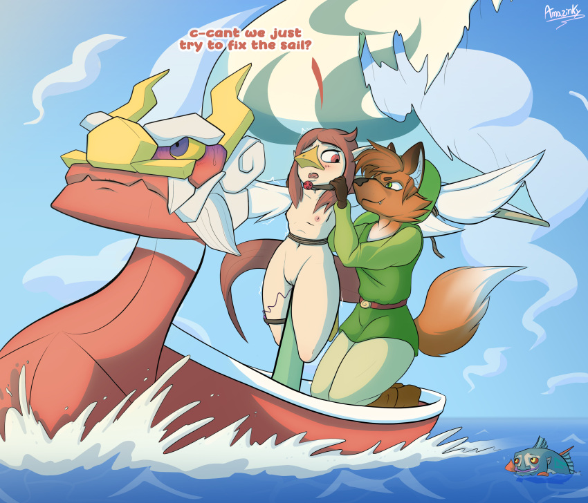 absurd_res amazinky anthro avian ball_gag beak bird boat bodily_fluids breasts canid canine clothed clothing cloud dc_the_cyberfoxy_(character) domination duo female fish flat_chested fox gag genital_fluids genitals hair hi_res link long_hair male male/female male_domination mammal marine medli nintendo open_mouth pussy pussy_juice putting_ball_gag raised_tail sea sex_toy spread_arms spread_wings submissive submissive_female the_legend_of_zelda vehicle vibrator video_games water watercraft wind_waker wings