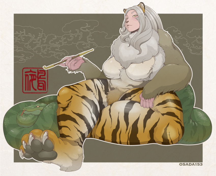 4_toes anthro asian_mythology big_breasts biped breasts brown_body brown_fur brown_nose brown_pawpads brown_stripes chimera claws crotch_tuft east_asian_mythology featureless_breasts feet felid female fur green_body green_scales grey_hair hair hindpaw holding_object humanoid_hands japanese_mythology kemono kiseru living_tail long_hair long_tail looking_at_viewer mammal mythological_nue mythology neck_tuft nude osada pantherine pattern_background pawpads paws primate reptile scales scalie simple_background sitting slightly_chubby smoking_pipe snake snake_tail solo striped_body striped_fur stripes thick_thighs toe_claws toes tuft white_body white_fur yellow_body yellow_eyes yellow_fur yōkai