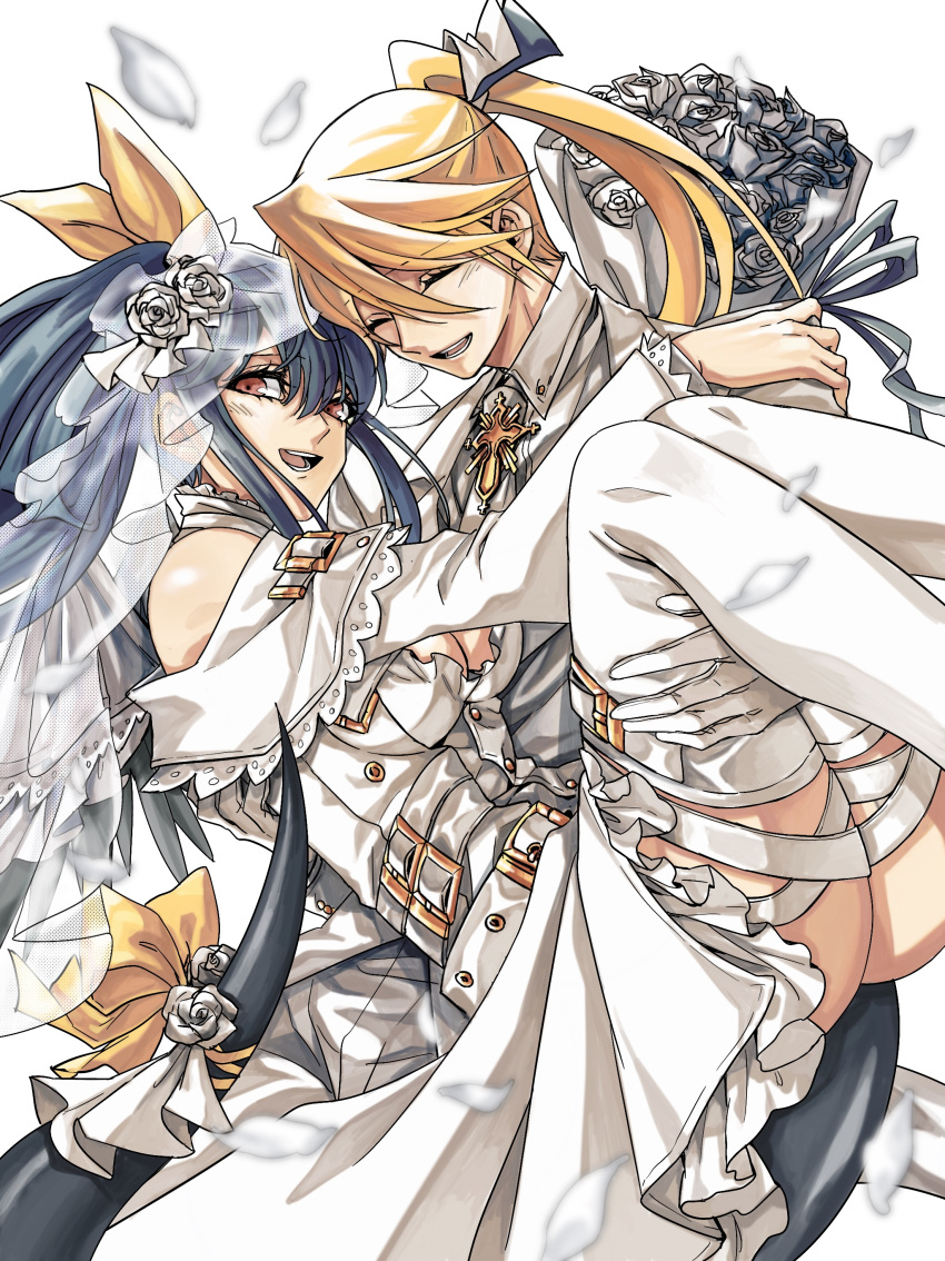 1boy 1girl absurdres bangs bare_shoulders belt blonde_hair blue_hair breasts bridal_veil carrying cleavage closed_eyes collar couple dizzy_(guilty_gear) dong_hole dress flower formal gloves guilty_gear guilty_gear_xrd hair_between_eyes hair_ornament hair_ribbon hair_rings highres holding_another husband_and_wife ky_kiske large_breasts long_hair looking_at_viewer multiple_belts open_mouth petals ponytail princess_carry red_eyes ribbon rose simple_background smile suit tail tail_ornament tail_ribbon thigh_strap twintails veil wedding_dress white_background white_collar white_gloves white_legwear wide_sleeves yellow_ribbon