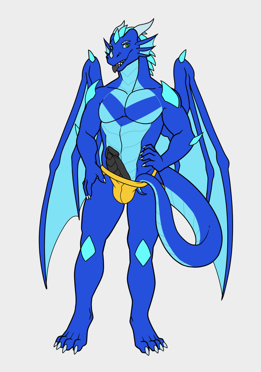 absurd_res anthro black_penis blue_body claws clothed clothing dragon erection genitals green_eyes hand_on_hip hi_res horn jockstrap male penis poking_out sharkiedude simple_background solo standing topless underwear white_background wings