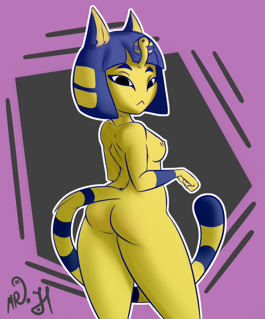 4_fingers acuwacu animal_crossing ankha_(animal_crossing) anthro big_butt blue_hair breasts butt convenient_censorship domestic_cat egyptian felid feline felis female fingers fur hair hi_res looking_at_viewer looking_back mammal medium_breasts narrowed_eyes nintendo nipples rear_view solo standing thick_thighs uraeus video_games wide_hips yellow_body yellow_fur