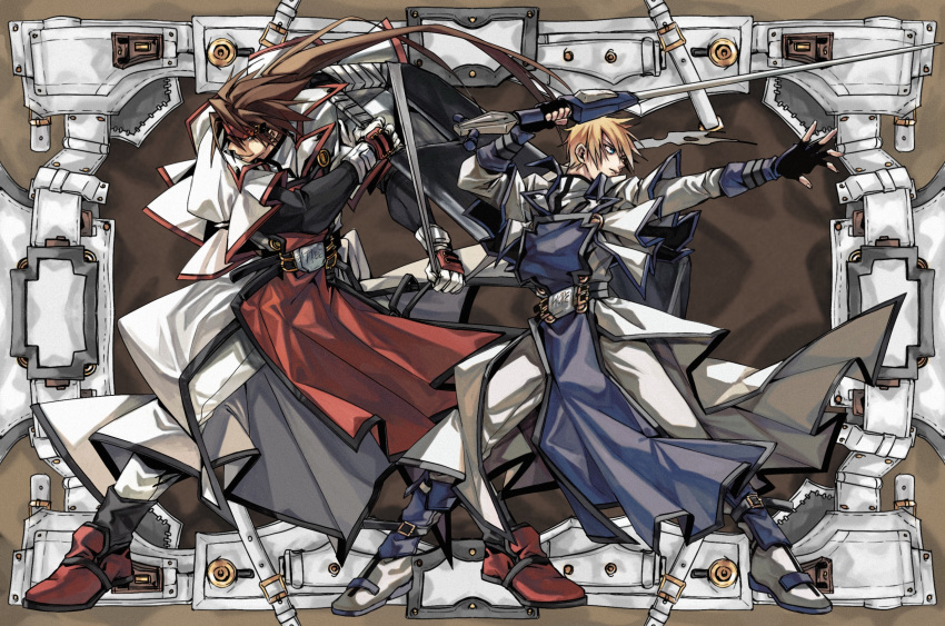 2boys belt blonde_hair blue_eyes brown_eyes brown_hair dong_hole english_text fingerless_gloves gloves guilty_gear guilty_gear_xx headband highres holding holding_weapon huge_weapon ky_kiske male_focus multiple_belts multiple_boys order-sol ponytail short_hair sword weapon