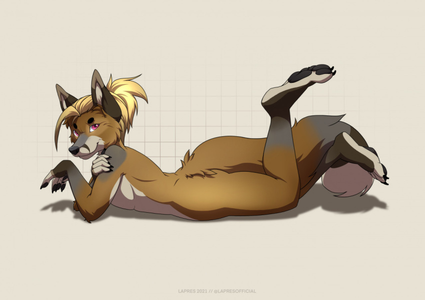 2021 5_fingers anthro blonde_hair brown_body brown_fur canid canine digital_media_(artwork) feet fingers fox fur hair lapres male mammal red_eyes solo toes