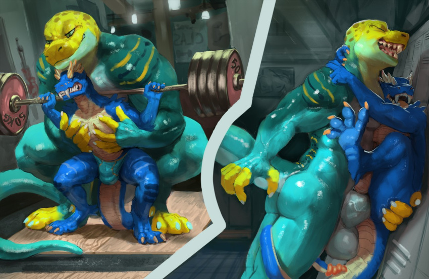 against_wall anal anal_penetration anthro arms_around_neck balls balls_outline barbell biceps big_balls big_dom_small_sub big_penis blue_body blue_scales bodily_fluids bulge clothing collared_lizard crouching deltoids duo exercise eyes_closed genital_outline genitals green_eyes grin gym hamstrings hand_on_chest huge_penis hybrid imminent_sex killioma larger_anthro larger_male larger_on_top lizard locker locker_room male male/male male_penetrated male_penetrating male_penetrating_male monroe_lehner muscular muscular_male one_eye_closed open_mouth paws penetration penis penis_outline pit_viper rattle_(anatomy) rattlesnake reptile scales scalie sex sharp_teeth size_difference smaller_male smile snake spotting squats striker striker_(rm98) sweat teeth thick_penis triceps two_panel_image underwear vein veiny_muscles veiny_penis viper weightlifting weights wink workout yellow_body yellow_scales