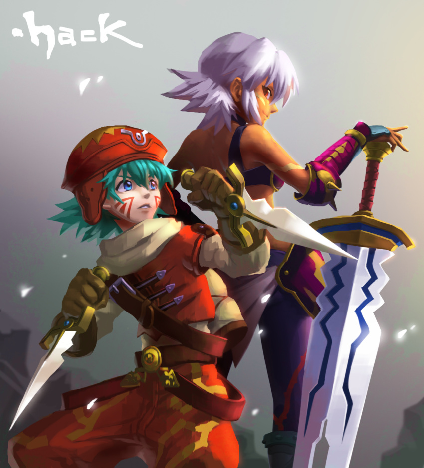 .hack// .hack//games 1boy 1girl armor bare_shoulders bikini_armor black_rose_(.hack//) closed_mouth dark_skin dark_skinned_female facial_mark gloves hat highres kite_(.hack//) knife looking_at_viewer n20u28 pantyhose red_eyes short_hair smile sword tattoo weapon