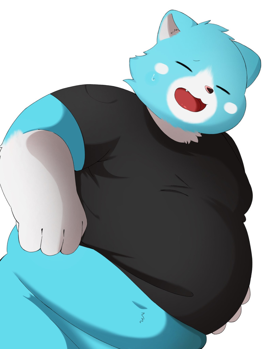 2021 anthro belly black_nose blue_body blue_fur bottomless clothed clothing eyes_closed fur hi_res humanoid_hands kemono male mammal moosh nintendo oracle_of_ages oracle_of_seasons overweight overweight_anthro overweight_male shirt simple_background solo the_legend_of_zelda topwear trail_arnak ursid video_games white_background white_body white_fur