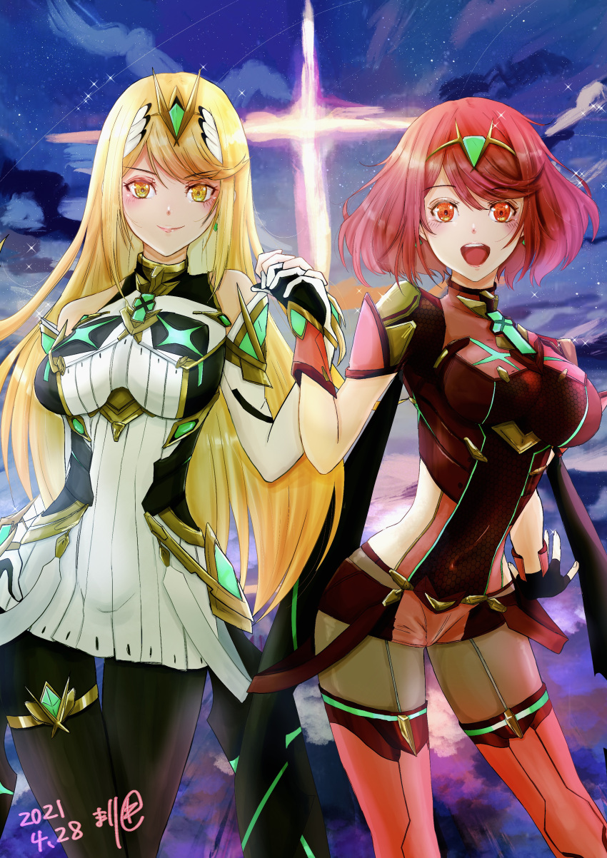 absurdres bangs black_gloves blonde_hair breasts chest_jewel dress earrings elbow_gloves eva02asuka0608 fingerless_gloves gloves highres jewelry large_breasts long_hair mythra_(massive_melee)_(xenoblade) mythra_(xenoblade) pyra_(xenoblade) red_eyes red_hair red_legwear red_shorts short_dress short_hair short_shorts shorts super_smash_bros. swept_bangs thighhighs tiara very_long_hair white_dress white_footwear white_gloves xenoblade_chronicles_(series) xenoblade_chronicles_2 yellow_eyes