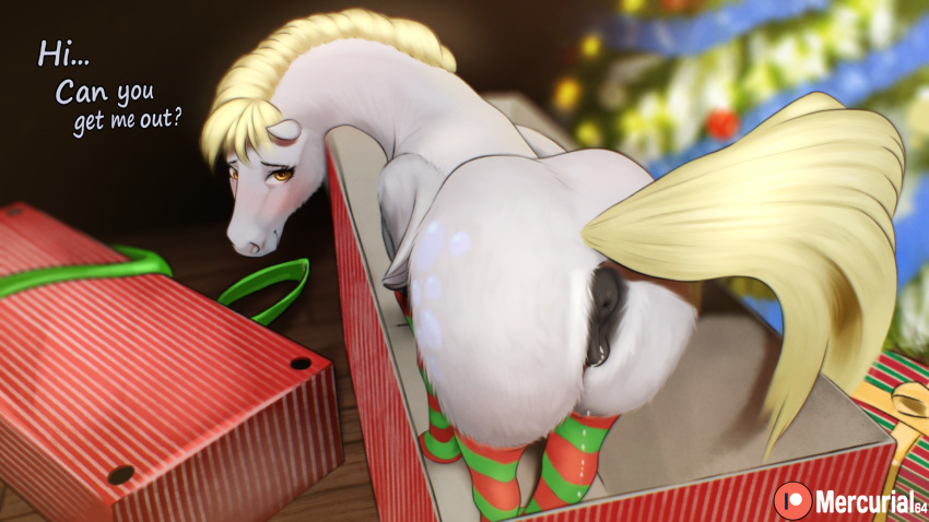 animal_genitalia animal_pussy anus blush bodily_fluids butt christmas christmas_tree clothing conditional_dnp derpy_hooves_(mlp) dialogue digital_media_(artwork) english_text equid equine equine_pussy eyebrows eyelashes female feral friendship_is_magic genital_fluids genitals hasbro hi_res holidays legwear looking_at_viewer mammal mercurial64 my_little_pony pattern_clothing pattern_legwear pegasus plant pussy smile solo striped_clothing striped_legwear stripes text tree underwear wings
