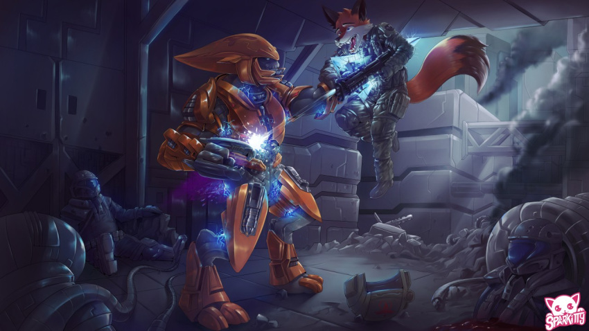 action_pose anthro armor blood bodily_fluids canid canine fox fur group gun halo halo_(series) humanoid male male/male mammal microsoft pose ranged_weapon sparkittyart video_games warrior weapon xbox_game_studios