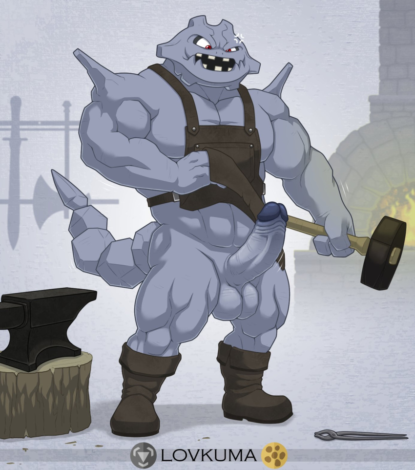 2021 abs angry annoyed anthro anthrofied anvil apron apron_lift apron_only arm_spikes axe balls barazoku biceps big_balls big_muscles big_penis biped blacksmith broadsword chimney clothed clothing clothing_lift cross-popping_vein erection flint forge_(hearth) furnace genitals grey_background grey_body grey_skin hammer hi_res humanoid_genitalia humanoid_penis long_penis long_tail lovkuma male melee_weapon metallic_body mostly_nude muscular muscular_anthro muscular_male nintendo oven penis pok&eacute;mon pok&eacute;mon_(species) pok&eacute;morph red_eyes reptile scalie shoulder_spikes signature simple_background sledgehammer snake solo spikes spikes_(anatomy) steelix sword teeth teeth_gap text thick_thighs tongs tools triceps video_games weapon weapon_rack white_sclerea workshop