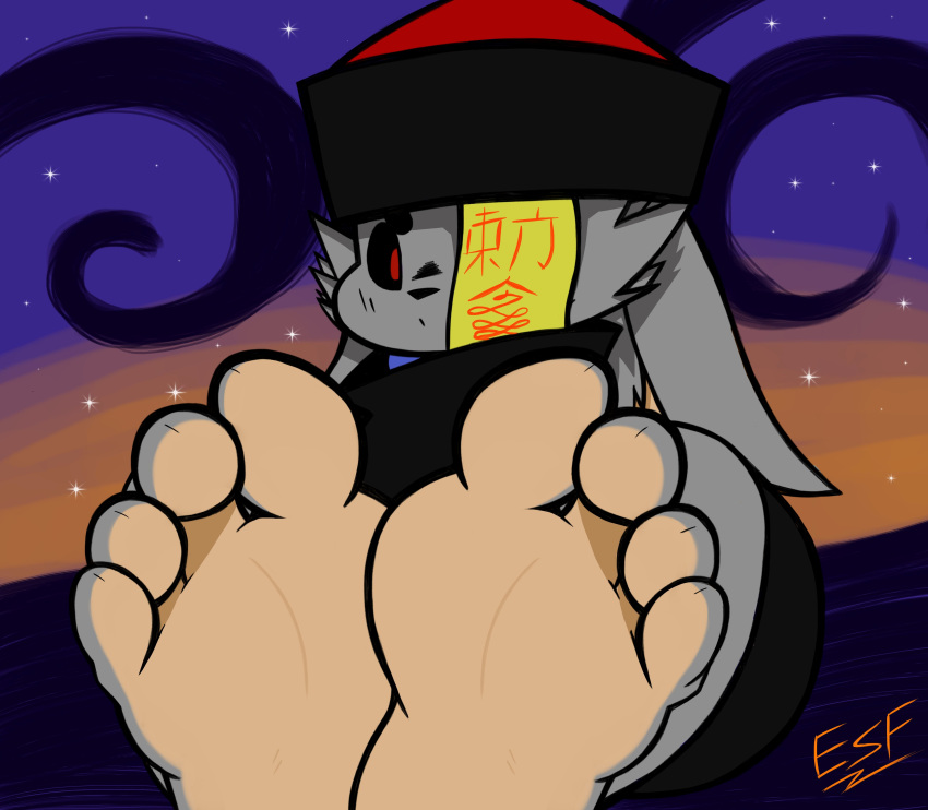 4_toes absurd_res anthro asian_mythology barefoot black_sclera butt chinese_mythology claws clothed clothing countershade_feet countershading detailed_background digital_media_(artwork) east_asian_mythology electricsnowfox facial_tuft feet female foot_fetish foot_focus fur grey_body grey_fur hat headgear headwear hi_res hindpaw humanoid_feet jiangshi lagomorph leporid long_ears looking_at_viewer mammal multicolored_body multicolored_fur mythology night outside paws presenting presenting_hindquarters rabbit red_eyes ruto_(esf) sitting soles solo suggestive talisman tan_body tan_fur toe_claws toes two_tone_body two_tone_fur undead