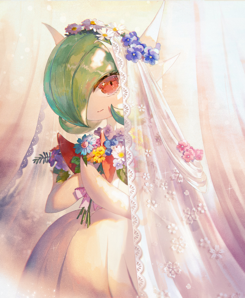 1girl bangs blue_flower bob_cut bouquet bridal_veil chromatic_aberration closed_mouth colored_skin commentary cowboy_shot dress elbow_gloves floral_print flower gardevoir gen_3_pokemon gloves green_hair hair_over_one_eye hands_together hands_up happy highres holding holding_bouquet looking_to_the_side mega_gardevoir mega_pokemon nagakura_(seven_walkers) pink_flower pink_ribbon pokemon pokemon_(creature) purple_flower red_eyes ribbon see-through shiny shiny_hair short_hair smile solo sparkle standing veil white_dress white_flower white_gloves white_skin white_theme yellow_flower