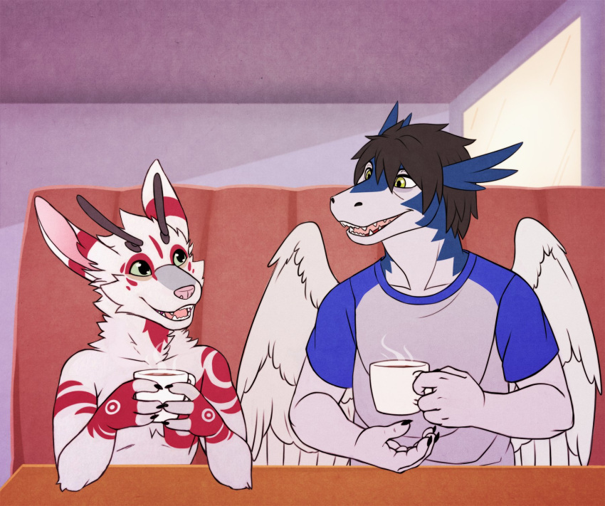 anthro beverage black_hair clei clothing coffee coffee_mug dragon duo eye_contact feathered_dragon feathered_wings feathers fur furniture furred_dragon hair hi_res looking_at_another male nameless00 shirt table tiesci topwear white_body white_fur windragon wings