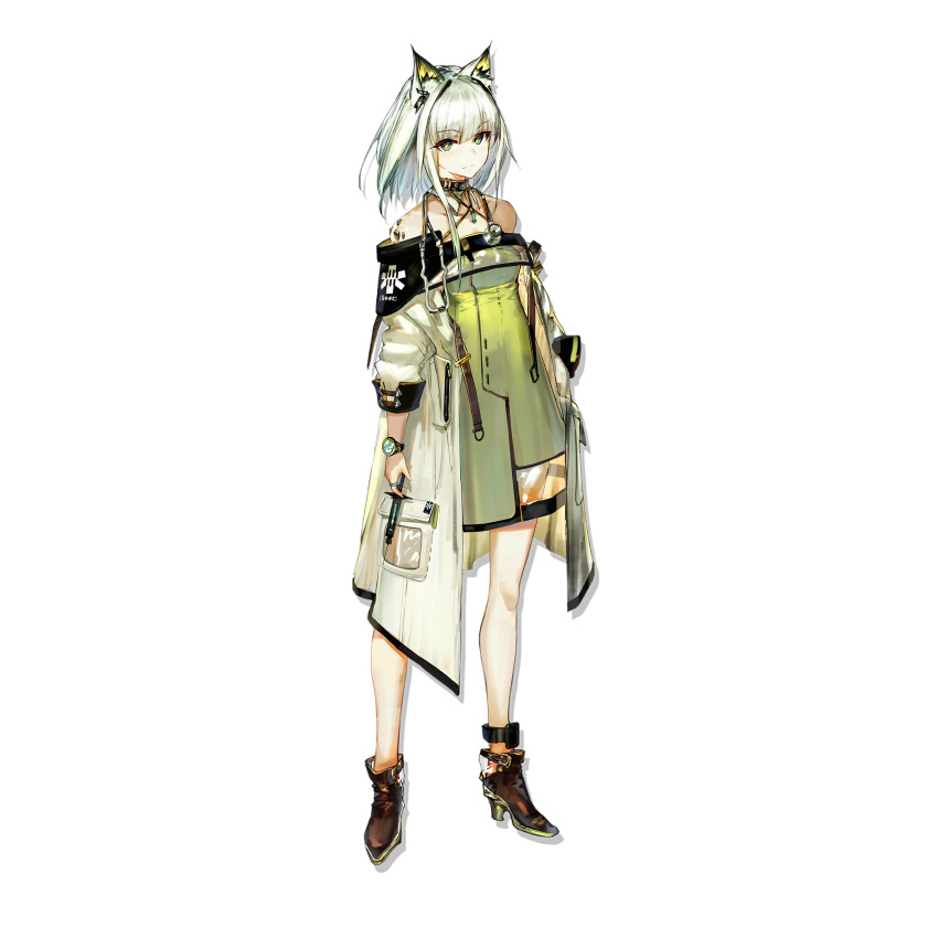 1girl animal_ear_fluff animal_ears arknights bangs bare_shoulders closed_mouth detached_collar dress eyebrows_visible_through_hair full_body green_dress green_eyes green_hair high_heels highres jacket jewelry kal'tsit_(arknights) long_sleeves looking_at_viewer lynx_ears off-shoulder_dress off_shoulder official_art oripathy_lesion_(arknights) short_hair solo standing stethoscope syringe transparent_background watch white_hair wristwatch yui_(niikyouzou)