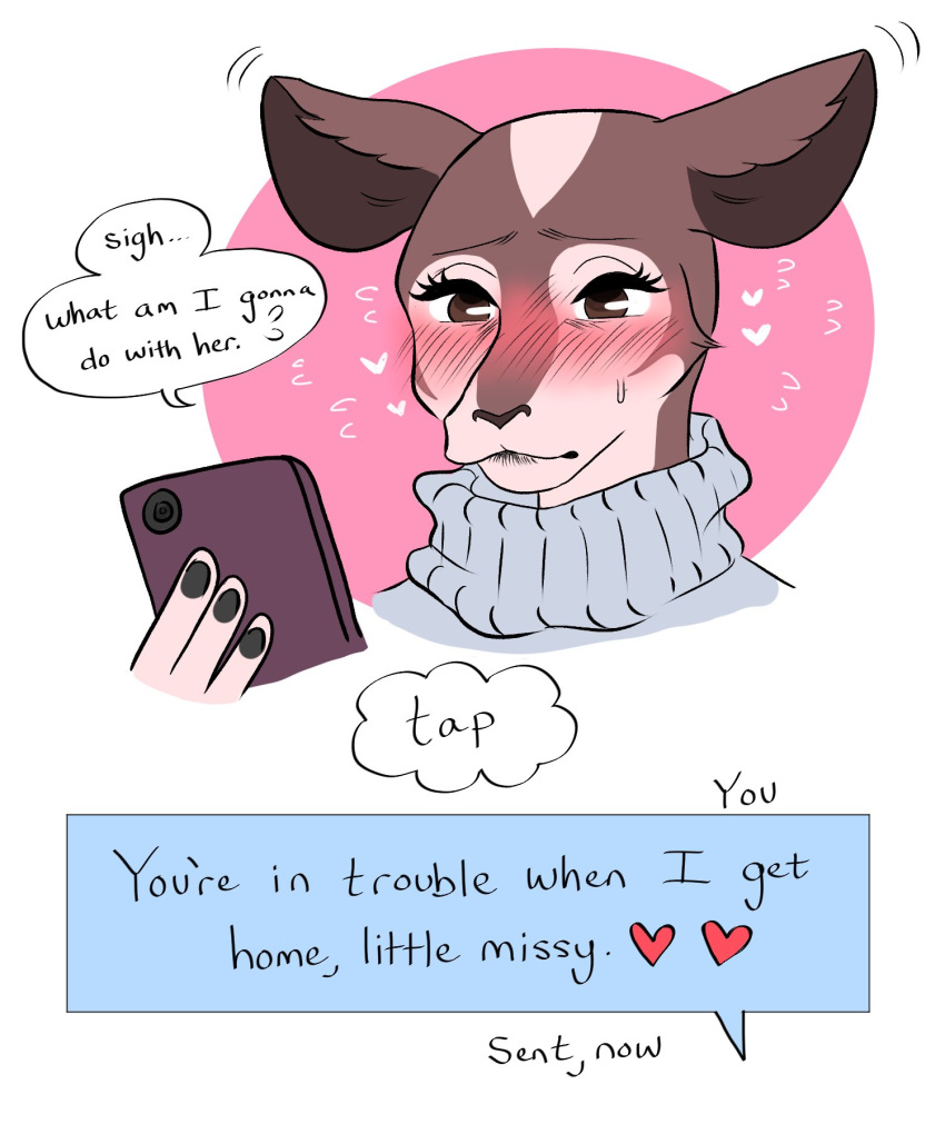 2021 anthro beastars blush bodily_fluids cellphone clothing cosmo_(beastars) dialogue english_text female giraffid hi_res holding_object holding_phone mammal mutedlavender okapi phone solo sweat text topwear turtleneck_sweater