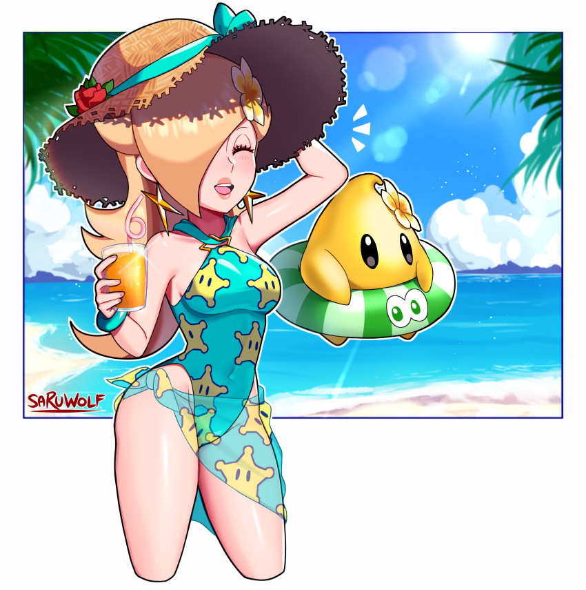 1girl 1other absurdres blonde_hair breasts casual_one-piece_swimsuit closed_eyes covered_navel cup earrings green_swimsuit hair_over_one_eye hat highres holding holding_cup jewelry long_hair luma_(mario) mario_(series) medium_breasts one-piece_swimsuit print_sarong print_swimsuit rosalina sarong sarukaiwolf star_(symbol) star_earrings star_print straw_hat sun_hat super_mario_galaxy swimsuit