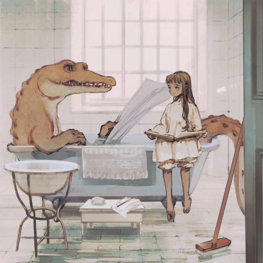 anthro basin bath bathing bloomers book bottomwear brush clothing crocodile crocodilian crocodylid duo female hi_res human inside male mammal newspaper nightgown open_mouth reading reptile rt0no scalie soap spiked_back spiked_tail spikes spikes_(anatomy) tile towel window