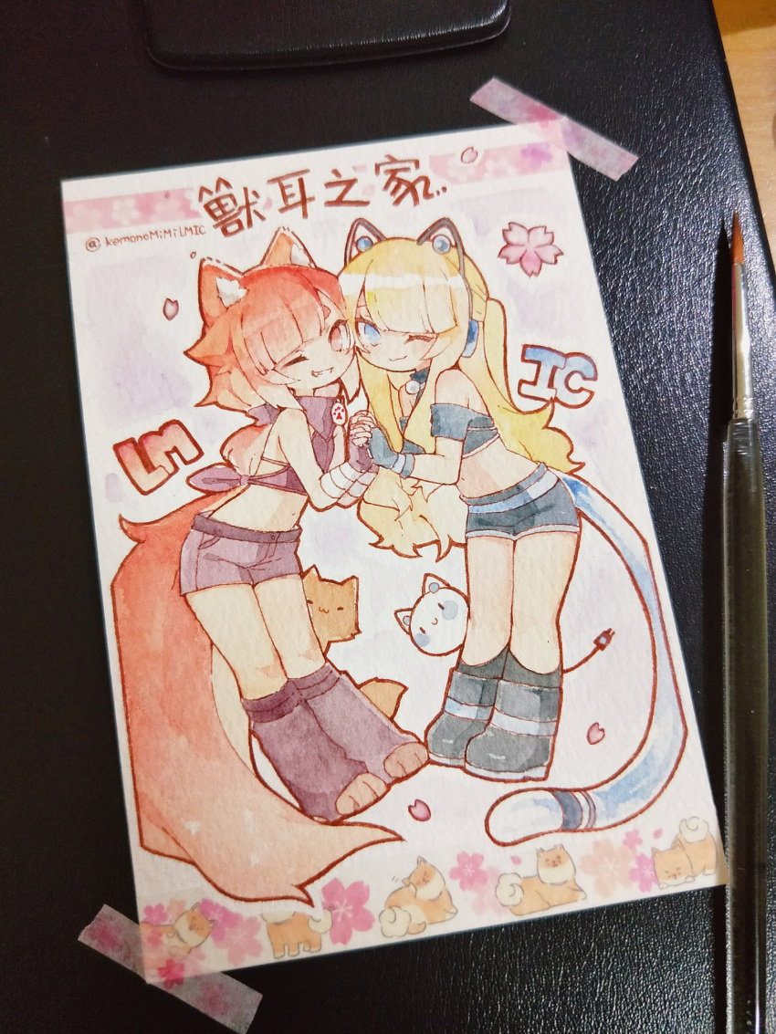 2girls :3 animal_ear_fluff animal_ears artist_name bandaged_arm bandages bandana bangs bare_shoulders belt black_footwear black_gloves black_legwear black_ribbon black_shirt black_shorts blonde_hair blue_eyes blunt_bangs boots cat cat_ear_headphones cat_ears cat_girl chinese_commentary chinese_text closed_mouth collar commentary_request crop_top dog dog_tail english_commentary fake_animal_ears fingerless_gloves flat_chest flower gloves gradient_hair hair_ribbon hands_up happy headphones highres holding_hands interlocked_fingers kneehighs leaning_forward legs_together linmiu_(smilemiku) long_hair looking_at_viewer midriff mixed-language_commentary multicolored_hair multiple_girls navel off-shoulder_shirt off_shoulder one_eye_closed original paintbrush partial_commentary paw_boots paw_print petals photo_(medium) pink_eyes pink_flower pink_hair ponytail red_eyes red_hair ribbon shiba_inu shiny shiny_hair shirt short_shorts short_sleeves shorts sidelocks signature simple_background sleeveless sleeveless_shirt smile stomach symmetry tail tape tied_hair traditional_media translation_request twitter_username watercolor_(medium) white_background