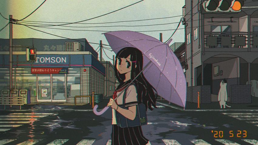 1girl :x air_conditioner automatic_door awakumo bag balcony bangs black_eyes black_hair black_sailor_collar black_skirt blunt_bangs building cat chromatic_aberration closed_mouth commentary_request convenience_store crosswalk dated from_side hair_ornament hairclip hand_up holding holding_umbrella long_hair looking_at_viewer looking_to_the_side neckerchief original outdoors pleated_skirt power_lines puddle purple_umbrella red_neckwear road sailor_collar school_bag school_uniform serafuku shop short_sleeves sideways_glance skirt sliding_doors solo street traffic_light translation_request umbrella utility_pole wet_ground white_cat window wristband