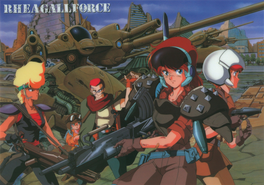 1990s_(style) 5girls aqua_eyes armor blonde_hair brown_hair copyright_name dark_skin dark_skinned_female facepaint fingerless_gloves fortin gall_force gloves goggles goggles_on_headwear green_hair gun handgun headband helmet highres holding holding_gun holding_weapon holstered_weapon long_hair looking_at_viewer multiple_girls official_art outdoors red_eyes retro_artstyle rifle rumy_(gall_force) sandy_newman scan score_(gall_force) short_hair shoulder_armor sonoda_ken'ichi very_short_hair visor weapon