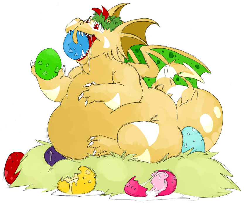 3_toes 4_fingers ambiguous_gender anthro bodily_fluids chubby_anthro draik_(neopets) drooling egg fangs feet fingers hi_res jumpstart_games markings neopet_(species) neopets nest open_mouth red_eyes saliva slightly_chubby solo thick_body thick_tail thick_thighs toes tongue unknown_artist video_games white_markings wreath yellow_body