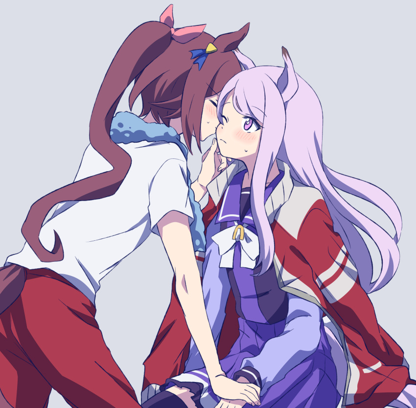 2girls absurdres animal_ears brown_hair cheek_kiss closed_eyes grey_background hair_ribbon highres horse_ears horse_girl horse_tail jacket jacket_on_shoulders kiss long_hair looking_at_another mejiro_mcqueen_(umamusume) mizin_kosutin multiple_girls one_eye_closed pink_ribbon ponytail purple_eyes purple_hair red_jacket ribbon school_uniform simple_background sitting tail tokai_teio_(umamusume) towel towel_around_neck track_jacket umamusume yuri