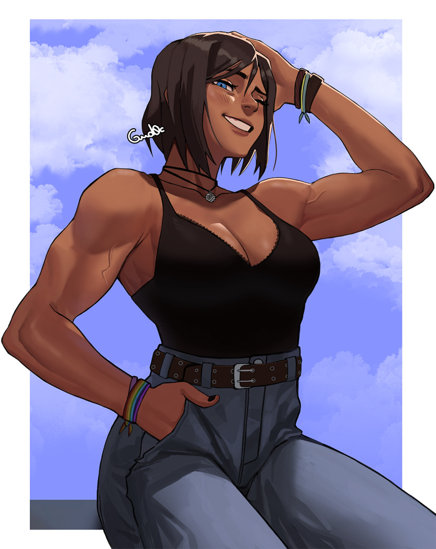 1girl avatar_(series) belt biceps black_nails blue_eyes bracelet breasts brown_eyes brown_lips camisole choker cleavage dark_skin dark_skinned_female denim english_commentary fingernails grin gud0c hand_in_pocket high-waist_pants highres jeans jewelry korra lace_trim looking_at_viewer medium_breasts muscular muscular_female nail_polish nose one_eye_closed pants pendant_choker ribbon_choker short_hair sitting smile solo the_legend_of_korra veins