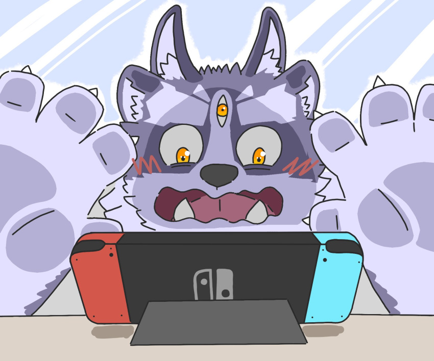anthro blush claws fur glass hi_res male multi_ear multicolored_fur nintendo nintendo_switch on_glass open_mouth overweight solo stanley55728 third_eye tokyo_afterschool_summoners tsathoggua tusks two_tone_fur video_games