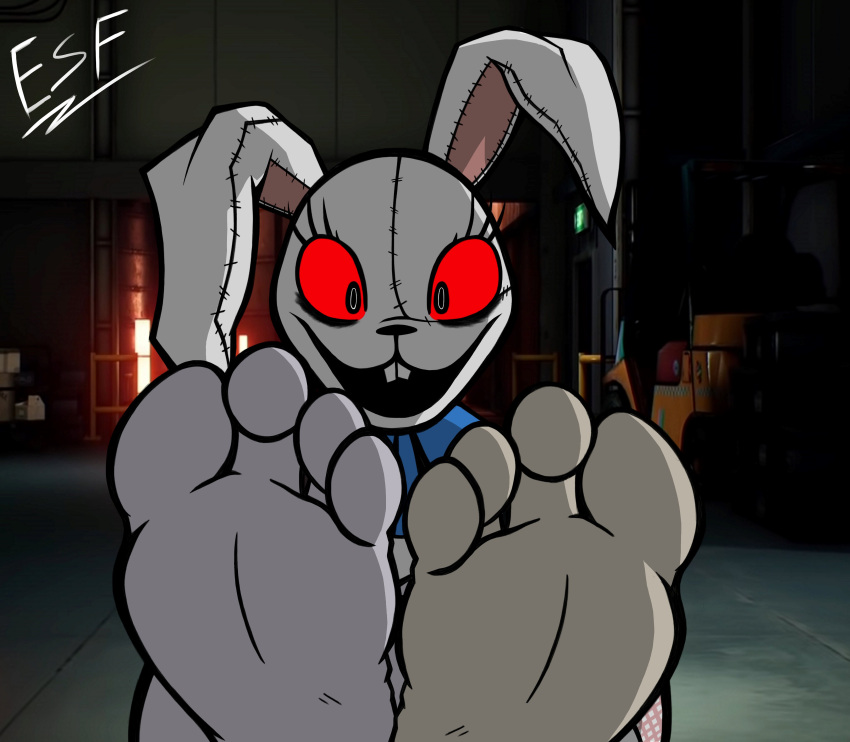 2020 4_toes absurd_res accessory anthro barefoot blue_bow bow_tie buckteeth bunny_costume clothing costume countershade_feet countershading crossed_legs digital_media_(artwork) electricsnowfox eyelashes feet female five_nights_at_freddy's five_nights_at_freddy's:_security_breach floppy_ears foot_fetish foot_focus front_view fur fursuit grey_body grey_fur hi_res humanoid_feet lagomorph leporid long_ears looking_at_viewer lop_ears mammal multicolored_body multicolored_fur open_mouth presenting rabbit rabbit_fursuit red_sclera ribbons sitting smile soles solo stitch_(disambiguation) tan_body tan_fur teeth toes two_tone_body vanny_(fnaf) video_games white_body white_fur