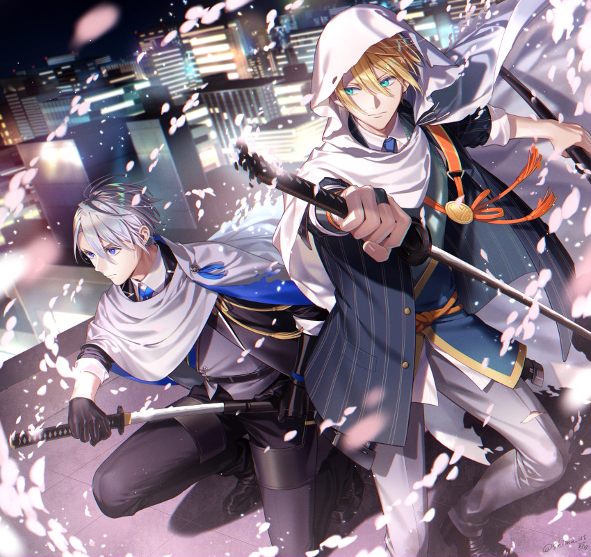 2boys aqua_eyes black_gloves black_pants blonde_hair blue_eyes cityscape cloak collared_shirt gloves highres katana male_focus multiple_boys necktie noes one_knee pants petals sheath shirt sword touken_ranbu unsheathing weapon white_hair white_pants yamanbagiri_chougi yamanbagiri_kunihiro