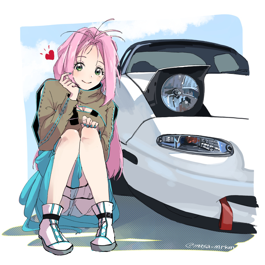 1girl blue_dress blush car cleavage_cutout clothing_cutout dress eunos_roadster finger_heart green_eyes ground_vehicle headlight heart highres long_hair macross macross_7 masa_(siriusu-koko) mazda motor_vehicle mylene_jenius pink_hair sitting smile solo white_footwear