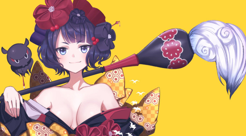 1girl bare_shoulders blue_eyes breasts calligraphy_brush cleavage closed_mouth collarbone fate/grand_order fate_(series) hair_ornament highres japanese_clothes katsushika_hokusai_(fate) kimono medium_breasts off-shoulder_kimono over_shoulder paintbrush purple_hair short_hair simple_background smile tokitarou_(fate) upper_body vivid_(key) yellow_background