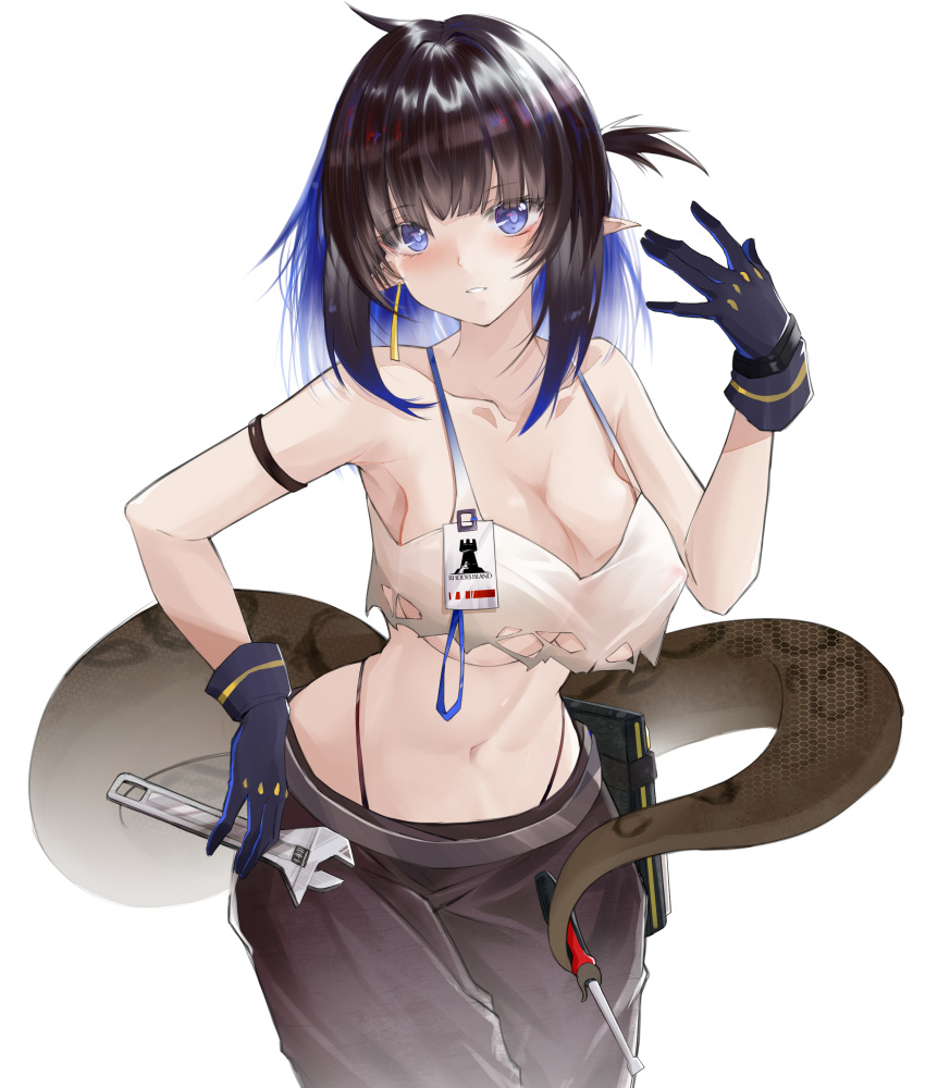 1girl absurdres arknights arm_strap bangs bare_arms bare_shoulders black_gloves black_hair black_pants blue_eyes blue_hair breasts camisole cleavage commentary_request cowboy_shot crop_top eunectes_(arknights) eunectes_(forgemaster)_(arknights) gloves hand_up highres kaminarichyan large_breasts long_hair looking_at_viewer midriff navel one_side_up pants parted_lips pointy_ears simple_background snake_tail solo spaghetti_strap standing stomach tail white_background