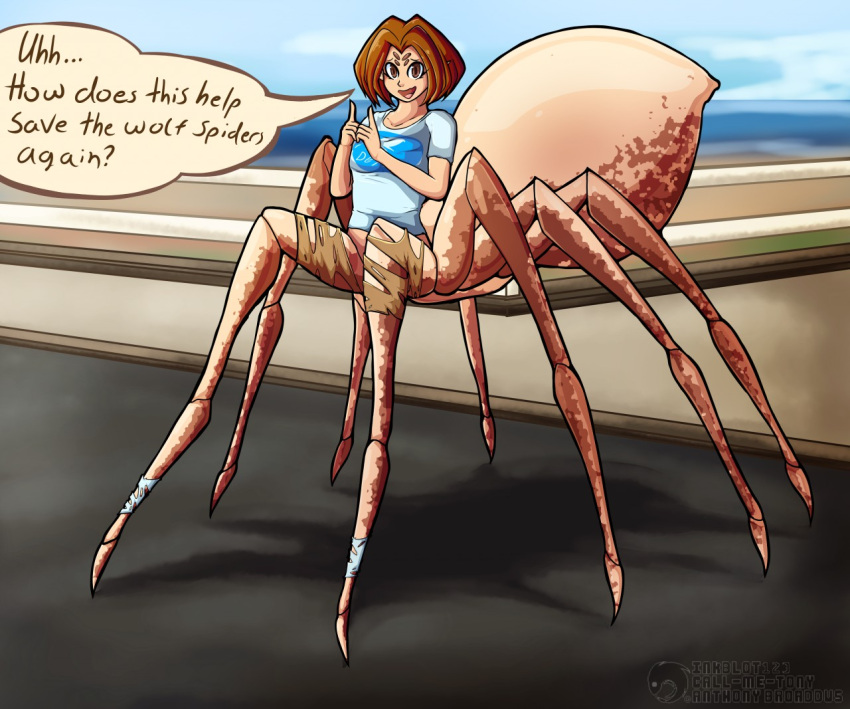 5_fingers 8_legs animal_humanoid arachnid arachnid_taur arthropod arthropod_abdomen arthropod_humanoid arthropod_taur blue_sky breasts brown_hair clothing day dialogue digital_media_(artwork) drider dungeons_and_dragons english_text female fingers hair hasbro humanoid implied_transformation inkblot123 insect insect_humanoid looking_at_viewer multi_eye multi_limb open_mouth open_smile outside shirt sky smile solo speech_bubble spider spider_taur t-shirt talking_to_viewer taur text topwear torn_clothing wizards_of_the_coast