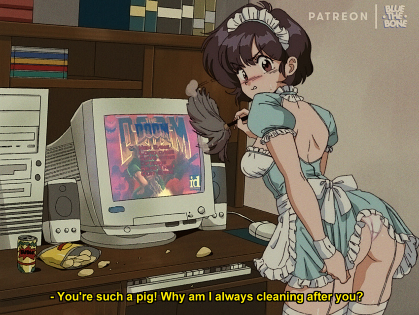 1990s_(style) 1girl alternate_costume apron black_hair blue_dress bluethebone bluethebone_(character) computer desk doom_(game) dress english_text enmaided frilled_apron frills garter_straps keyboard_(computer) maid maid_headdress monitor mouse_(computer) original panties puffy_short_sleeves puffy_sleeves red_eyes retro_artstyle short_dress short_hair short_sleeves thighhighs underwear waist_apron white_apron white_legwear white_panties