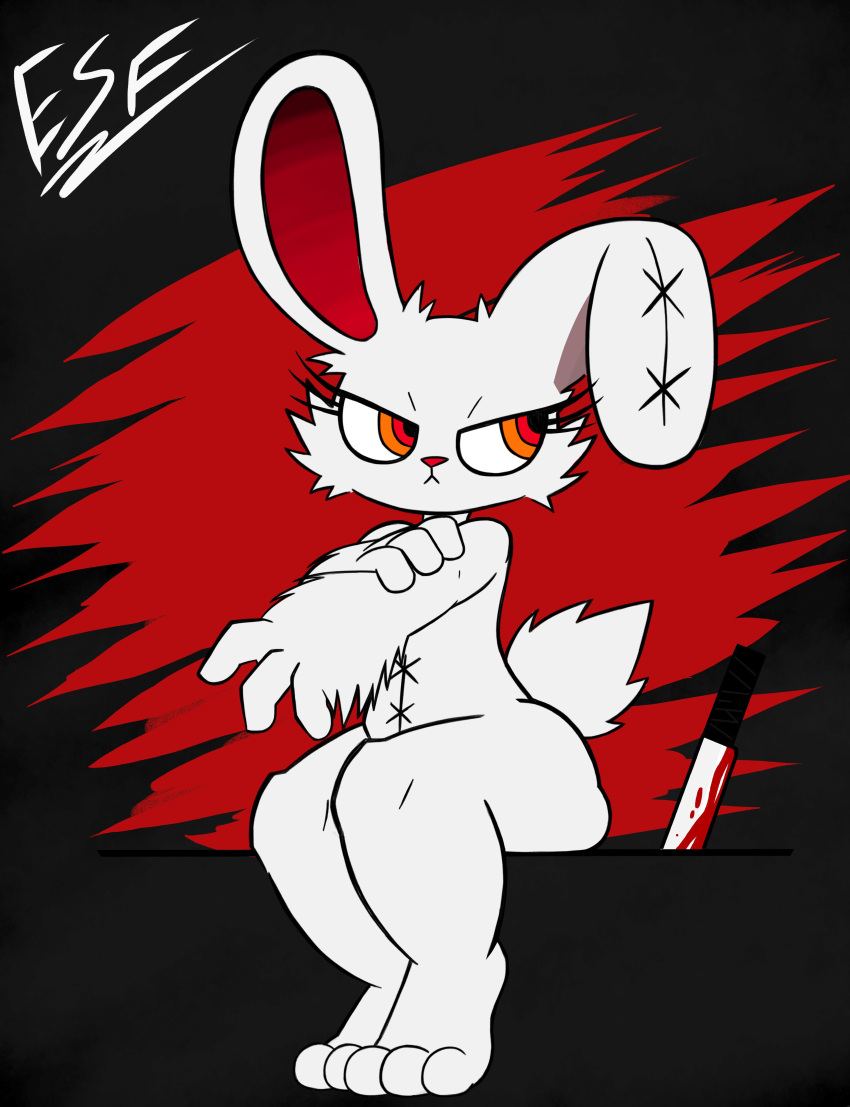 2spot_studio 3_toes absurd_res animate_inanimate anthro arm_tuft bare_shoulders barefoot big_butt blood bloody_bunny bloody_bunny_(series) bodily_fluids butt curvaceous curvy_figure digital_media_(artwork) electricsnowfox facial_tuft feet female fur hi_res lagomorph leporid long_ears mammal melee_weapon multicolored_eyes narrowed_eyes nude one_ear_up plushie rabbit red_eyes scar simple_background sitting solo stitch_(disambiguation) thick_thighs toes tuft voluptuous weapon white_body white_fur wrist_tuft yellow_eyes