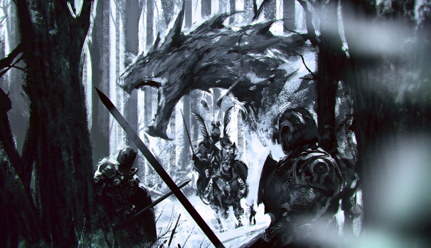 3others absurdres ambiguous_gender bare_tree commentary dragon english_commentary forest greyscale helm helmet highres holding holding_shield horse kalmahul knight monochrome multiple_others nature open_mouth original riding shield sitting snow tree winged_hussar