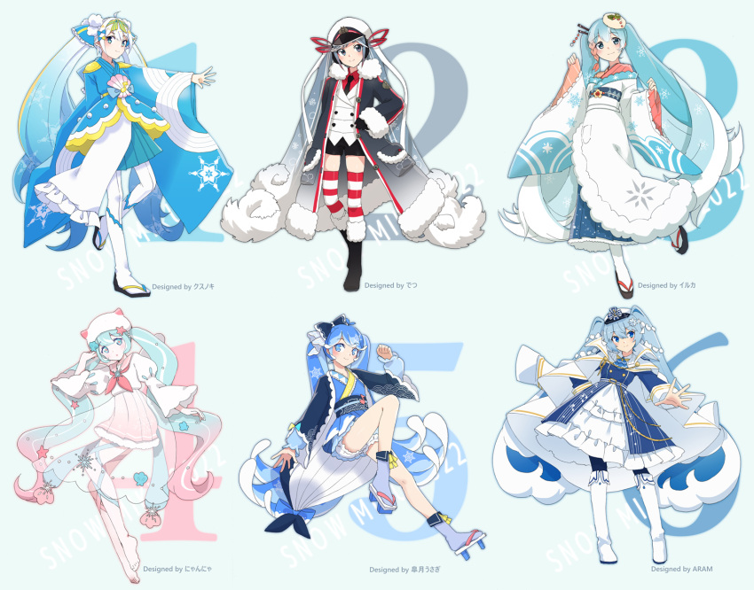 6+girls :o agonasubi ahoge aqua_background aqua_eyes aqua_hair aqua_ribbon aqua_skirt arm_behind_back artist_name badge barefoot beads black_coat black_footwear black_gloves black_neckwear black_shorts blue_dress blue_eyes blue_hair blue_kimono blue_legwear blue_skirt boots borrowed_design bow braid buttons character_name clam_shell coat collar collared_shirt commentary contrapposto crab_print dip-dyed_hair double-breasted dress eighth_note epaulettes food_themed_hair_ornament foreshortening frilled_dress frills full_body fur-trimmed_boots fur-trimmed_coat fur-trimmed_kimono fur_trim geta gloves gradient_hair hair_beads hair_bow hair_ornament hair_ribbon hair_stick hand_in_hair hand_on_hip hand_up hat hat_with_ears hatsune_miku highres jacket jacket_on_shoulders japanese_clothes kimono knee_boots lace-trimmed_sleeves lace_trim layered_clothing layered_dress layered_kimono leg_ribbon leg_up light_blue_eyes light_blue_hair long_hair looking_at_viewer military military_uniform miniskirt multicolored_hair multiple_girls multiple_persona musical_note musical_note_print naval_uniform neckerchief necktie open_mouth outstretched_arm petticoat pink_collar pink_hair pink_kimono pink_neckwear pink_pupils pink_ribbon pink_skirt pleated_skirt pocket pom_pom_(clothes) red_hair red_legwear red_ribbon red_shirt ribbon roe sailor_collar sailor_hat scallop see-through_skirt seigaiha shell_hair_ornament shirt shiso_(plant) short_shorts shorts sideways_glance skirt sleeves_past_wrists smile snow_print snowflake_print staff_(music) standing standing_on_one_leg star_(symbol) star_hair_ornament star_print striped striped_legwear tabi thighhighs twintails uniform very_long_hair vocaloid wasabi white_footwear white_hair white_headwear white_jacket white_kimono white_legwear white_shirt wide_sleeves yuki_miku zettai_ryouiki zouri