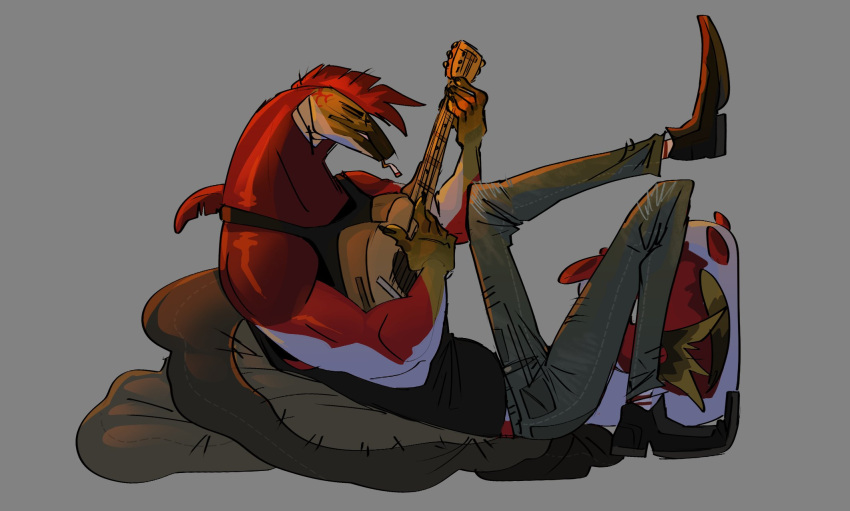 anthro bottomwear cigarette cigarette_in_mouth clothing eyes_closed female fin fish footwear guitar hi_res leaning leaning_back legs_up marine mohawk muscular muscular_anthro muscular_female musical_instrument pants playing_guitar playing_music plucked_string_instrument reclining salmon salmonid_(fish) shirt shoes shoyu_(velow) sockeye_salmon solo string_instrument tank_top topwear velow
