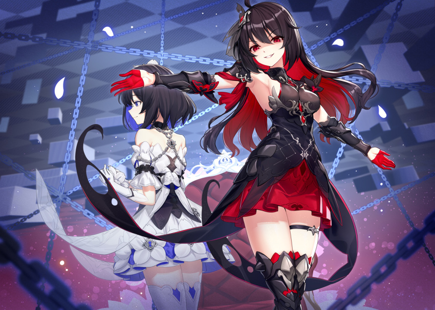 2girls armpits bare_shoulders black_dress black_hair black_legwear blue_eyes breasts chain colored_inner_hair commentary_request detached_sleeves dress gauntlets gloves grin half_gloves honkai_(series) honkai_impact_3rd medium_breasts multicolored_hair multiple_girls outstretched_arms profile red_eyes red_gloves red_skirt ririko_(zhuoyandesailaer) seele_(alter_ego) seele_vollerei seele_vollerei_(starchasm_nyx) seele_vollerei_(stygian_nymph) shaded_face short_hair skirt sleeveless sleeveless_dress smile standing thigh_strap thighhighs thighs v-shaped_eyebrows white_dress white_gloves white_legwear zettai_ryouiki