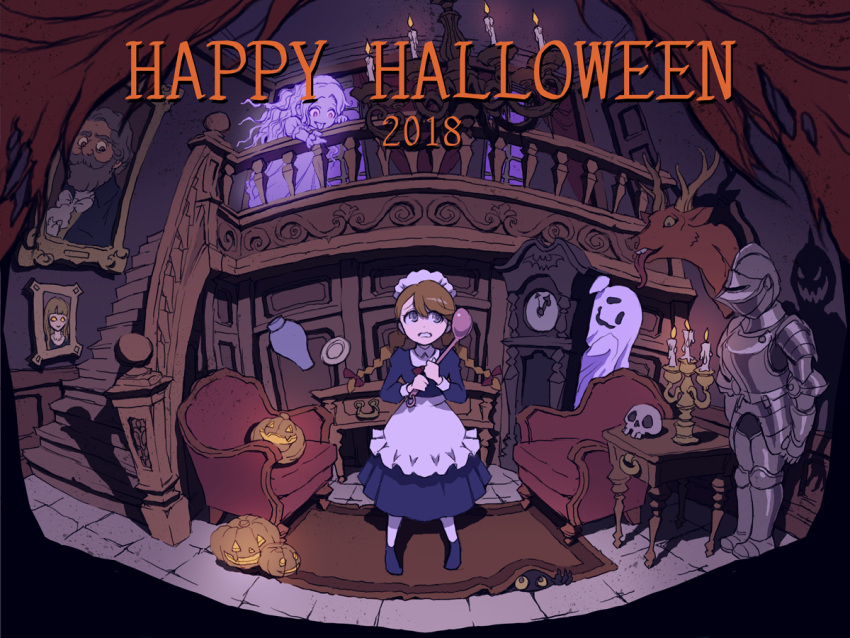 2018 2girls apron armor blue_dress blue_eyes braid brown_hair candelabra candle chair chandelier clock dress floating floating_object ghost ghost_costume grandfather_clock halloween happy_halloween indoors jack-o'-lantern ladle looking_at_another maid maid_apron maid_headdress multiple_girls original painting_(object) pumpkin scared shadow stairs table twin_braids ume_(illegal_bible) vase
