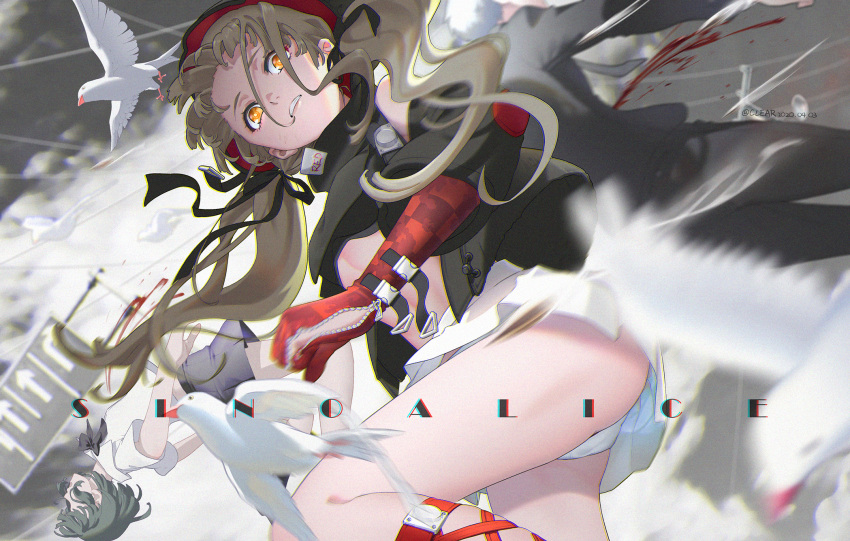 2girls alternate_costume bird blood blood_splatter bow brown_hair caolao_bingren dove dying elbow_gloves gloves grey_hair hair_ribbon highres hood hood_up little_red_riding_hood_(sinoalice) looking_at_viewer multiple_girls open_mouth orange_eyes panties parted_lips ribbon school_uniform short_hair sinoalice skirt teeth underwear wavy_hair zipper zipper_pull_tab