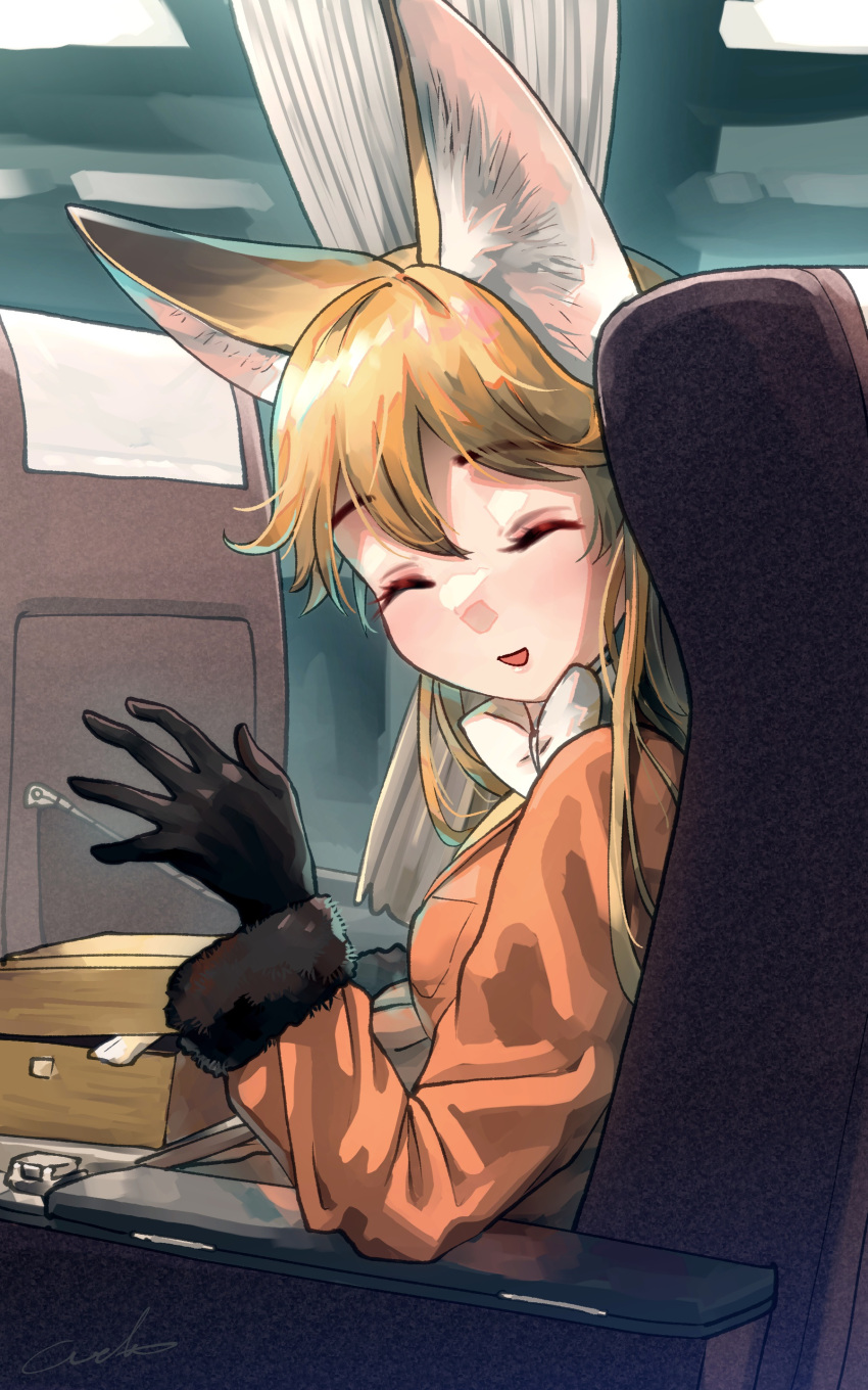 1girl :d ^_^ absurdres animal_ear_fluff animal_ears bangs black_gloves blonde_hair bow bowtie closed_eyes coat commentary curtains elbow_rest eyebrows_visible_through_hair ezo_red_fox_(kemono_friends) facing_viewer fox_ears fox_girl fur-trimmed_sleeves fur_trim gloves highres kemono_friends long_hair long_sleeves open_mouth orange_coat seat signature sitting smile solo waving welt_(kinsei_koutenkyoku) white_bow white_neckwear